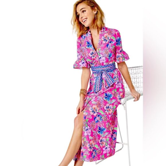 NWOT Women's LILLY PULITZER Marilisa Stretch Midi Dress Pink/Blue | Size 2 - Picture 3 of 14